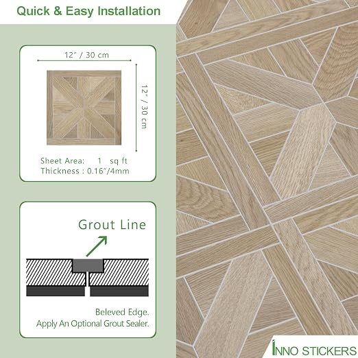 12-Pack Peel and Stick Floor Tile, 12" x 12" Pinwheel SPC Self-Adhesive Luxury Vinyl Flooring, Wood-Look Groutable Backsplash Tile for Kitchen Bathroom, Warm Oak, Covers 12 Sq. Ft.
