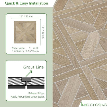 12-Pack Peel and Stick Floor Tile, 12" x 12" Pinwheel SPC Self-Adhesive Luxury Vinyl Flooring, Wood-Look Groutable Backsplash Tile for Kitchen Bathroom, Warm Oak, Covers 12 Sq. Ft.
