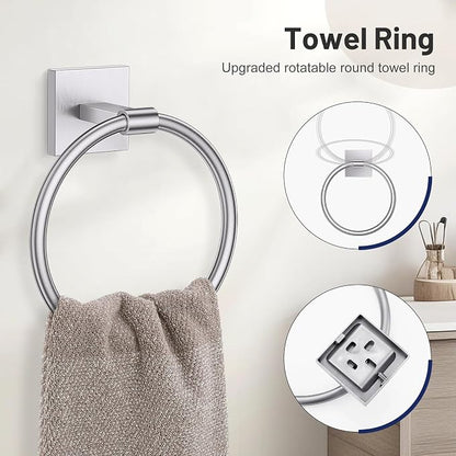 Lairuier Brushed Nickel Bathroom Accessories, Towel Bar Set Wall Mounted | 5 Pieces Bathroom Hardware Set, SUS304 Stainless Steel Double Base 23.6" Towel Bar, Towel Ring, Toilet Paper Holder & Hooks