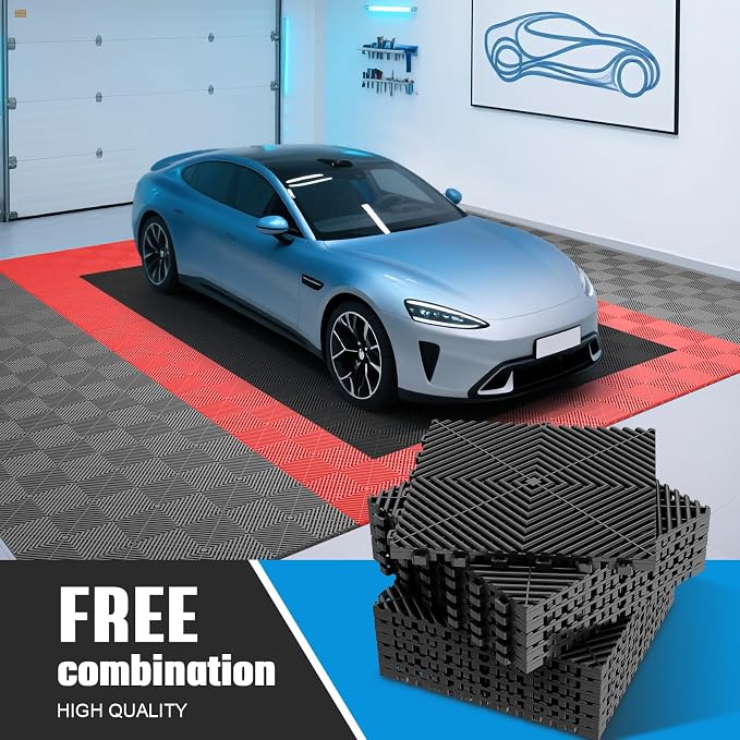 Jocoevol 36-Pcs Interlocking Tile, 12" x 12" Indoor/Outdoor Self-Drainage Interlocking Floor Tiles, Non-Slip Heavy-Duty Polypropylene Splicing Flooring Tile for Garage Patio Pool Bathroom, Black