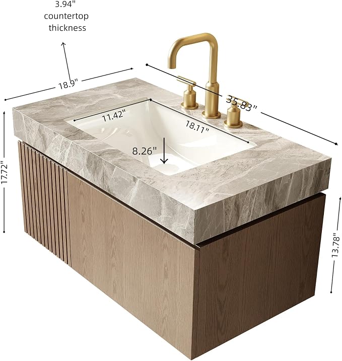 KEIKI 36 Inch Floating Bathroom Vanity with Sink, Light Brown & Grey | Modern Wall Mounted Storage Cabinet w/ Drawer & Door, Pre-assembled Wood Panels, Sintered Stone Top & Ceramic Basin Combo Set