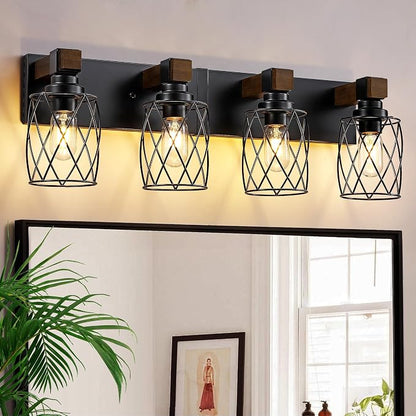 Farmhouse 4-Light Wood Bathroom Vanity Light, Black Metal Cage Shade | Mounted Over Mirror, Industrial Rustic Style, Ideal for Bathroom, Bedroom, Hallway & Living Room, Easy To Install