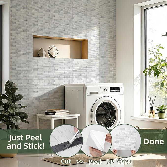 LONGKING Peel and Stick Subway Tile Backsplash for Kitchen, Vertical Strip Design, White Marble Tile, Waterproof Wall Sticker for Kitchen & Bathroom | Peel and stick backsplash, self-adhesive wall tile, White Marble, vertical strip, waterproof, kitchen...