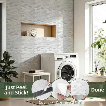 LONGKING Peel and Stick Subway Tile Backsplash for Kitchen, Vertical Strip Design, White Marble Tile, Waterproof Wall Sticker for Kitchen & Bathroom | Peel and stick backsplash, self-adhesive wall tile, White Marble, vertical strip, waterproof, kitchen...