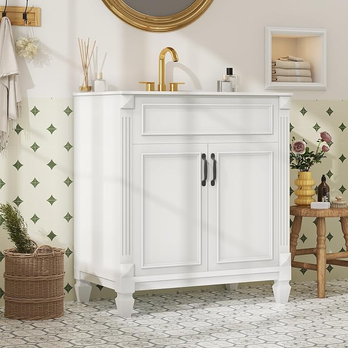 Sweetcrispy 30" Bathroom Vanity with Sink, Bathroom Storage Vanity Sink with 2 Doors, Farmhouse Wooden Free Standing Bathroom Cabinet with Sink, Easy Assembly, NO Mirror Faucet, Ivory & White