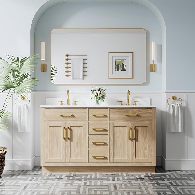 60-Inch Bathroom Vanity with Double Sinks W/ 4 Doors & 4 Drawers & 2 Flip Drawers, Oak Vanity W/Brushed Gold Handles
