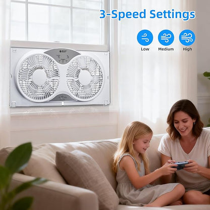 BEYOND BREEZE Window Fan Reversible Airflow, 9" Dual Window Fan with 3-Speed 3 Modes (Cool, Circulate, Exhaust), Remote Control Twin Window Fan 23.5" to 37" Adjustable Width for Bedroom, Kitchen, Home