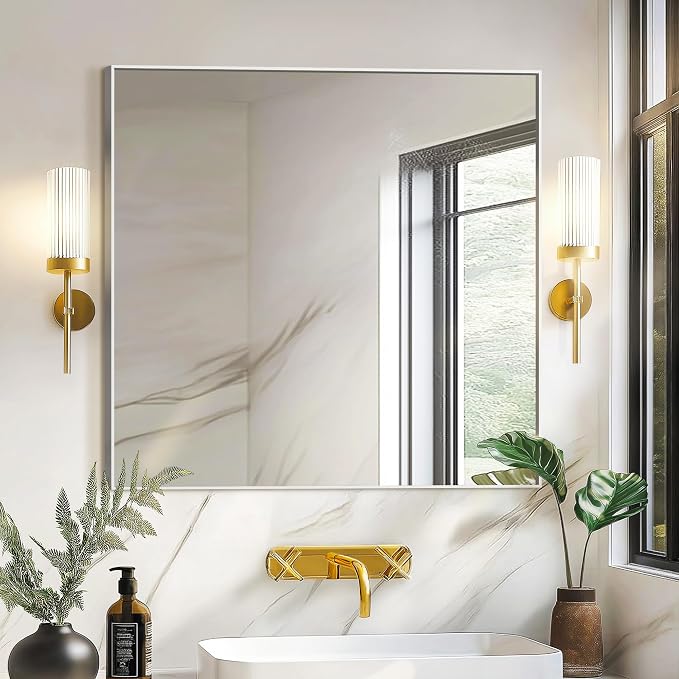Bathroom Vanity Mirror for Wall, 30"x30" Bathroom Mirror for Over Sink | HD Shatterproof Glass, Rectangular Metal Frame, Mirror for Bathroom, Living Room, Entryway, Silver