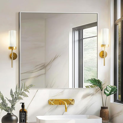 Bathroom Vanity Mirror for Wall, 30"x30" Bathroom Mirror for Over Sink | HD Shatterproof Glass, Rectangular Metal Frame, Mirror for Bathroom, Living Room, Entryway, Silver