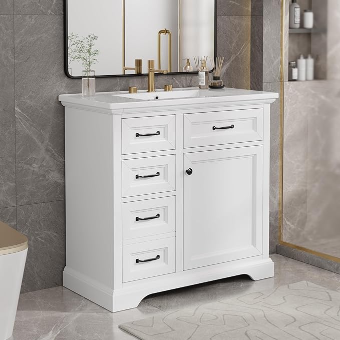 36" Bathroom Vanity with Ceramic Sink,Freestanding Storage Cabinet w/Soft-Close Door and 2 Tip-Out & 2 Drawers,Undermount Single Basin Bath Vanity Set w/Adjustable Shelf,White