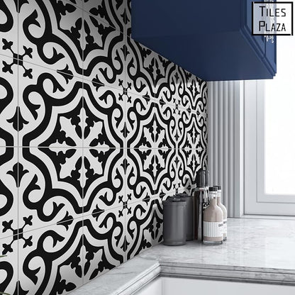 The Tiles Plaza Encaustic Peel and Stick Backsplash, Black and White Patterned Vintage Stick on Tiles, Stone Composite Self-Adhesive Wall Tile Sticker for Kitchen Bathroom Fireplace Stairs, 10 Sheets