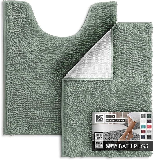 Hearth & Harbor Bathroom Rugs, Chenille Bath Mat - Machine Washable Bath Mats for Bathroom Non-Slip Backing Rubber, Quick Dry Bathroom Mat, 17 x 24 + 20 x 24 - Ice Green