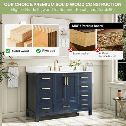 48-Inch Bathroom Vanity with Sink, 2 Soft-Close Doors and 9 Soft-Close Drawers, Bathroom Freestanding Vanity with Cultured Marble Countertop, Navy Blue Vanity W/Gold Handles