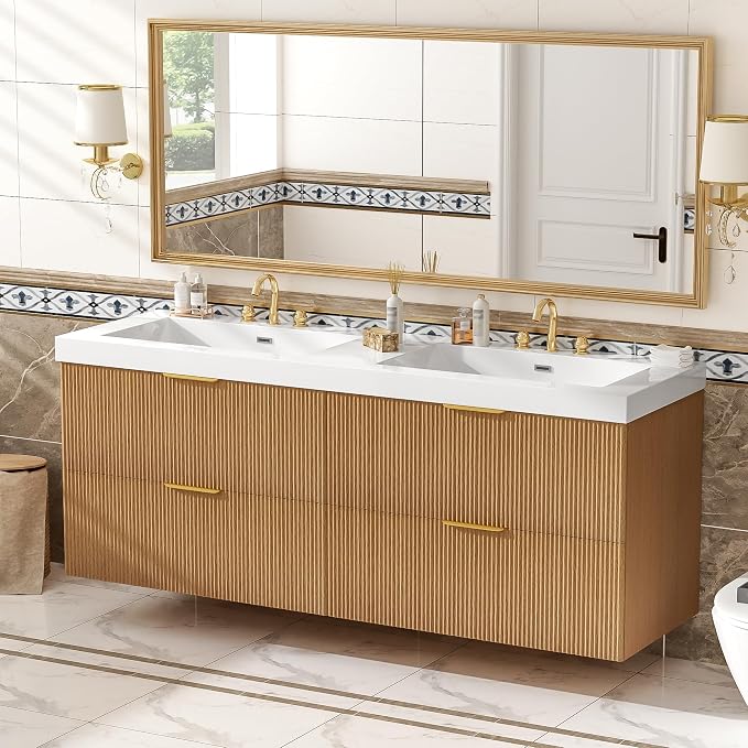 60 in Floating Bathroom Vanity with Double Sink Bathroom Vanity with Soft-Closing,Modern Fluted Bathroom Sink Cabinet,Wall-Mounted (Wood w/4 Drawers,59.3 Inch)