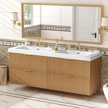 60 in Floating Bathroom Vanity with Double Sink Bathroom Vanity with Soft-Closing,Modern Fluted Bathroom Sink Cabinet,Wall-Mounted (Wood w/4 Drawers,59.3 Inch)