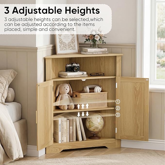 Smuxee Bathroom Corner Cabinet, Floor Corner Storage Cabinet with Fluted Door and Adjustable Shelf, Wooden Narrow Cabinet Organizer for Bathroom, Kitchen, Living Room