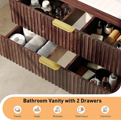 30 Inch Floating Bathroom Vanity Without Sink, Bathroom Wall Cabinet with 2 Fluted Drawers & Metal Handle, Wall Mounted Cabinet for Bathrooms (Brown, 30 inch, Without Sink)