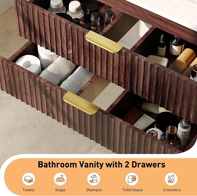 30 Inch Floating Bathroom Vanity with Sink, Bathroom Wall Cabinet with 2 Fluted Drawers & Metal Handle, Wall Mounted Cabinet for Bathrooms (Brown, 30 inch, with Sink)