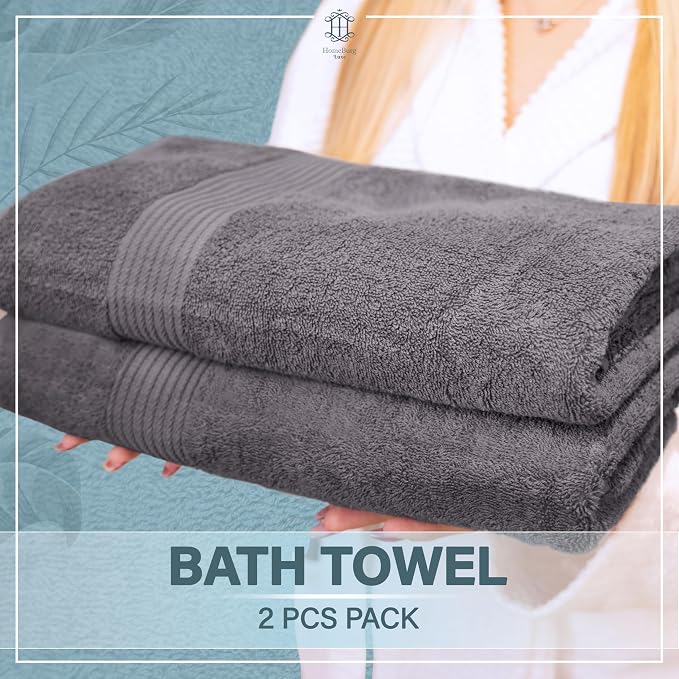 Luxe 2-Piece Bath Towel Set – Large Soft Cotton Towels, Absorbent, Durable & Skin-Friendly, Machine Washable, 27 x 54 in (Dark Grey)