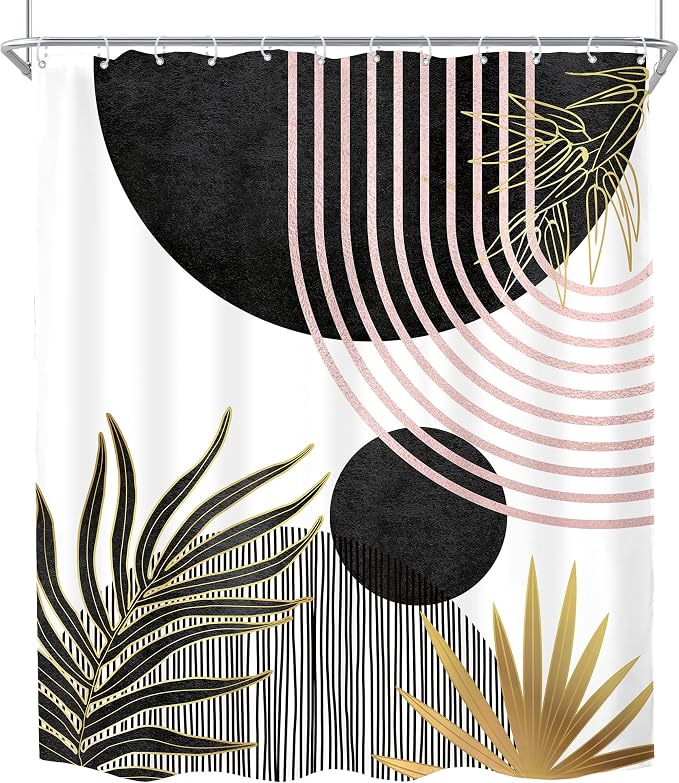 Mid Century Black Pink Boho Abstract Modern Bathroom Shower Curtain Set | 60Wx71L Sun Arch design, waterproof HD print with fast-drying fabric and 12 hooks.