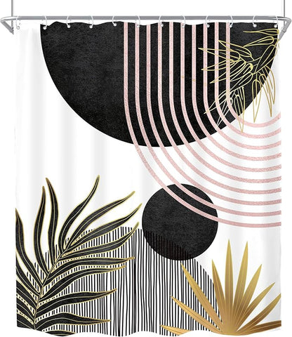 Mid Century Black Pink Boho Abstract Modern Bathroom Shower Curtain Set | 60Wx71L Sun Arch design, waterproof HD print with fast-drying fabric and 12 hooks.