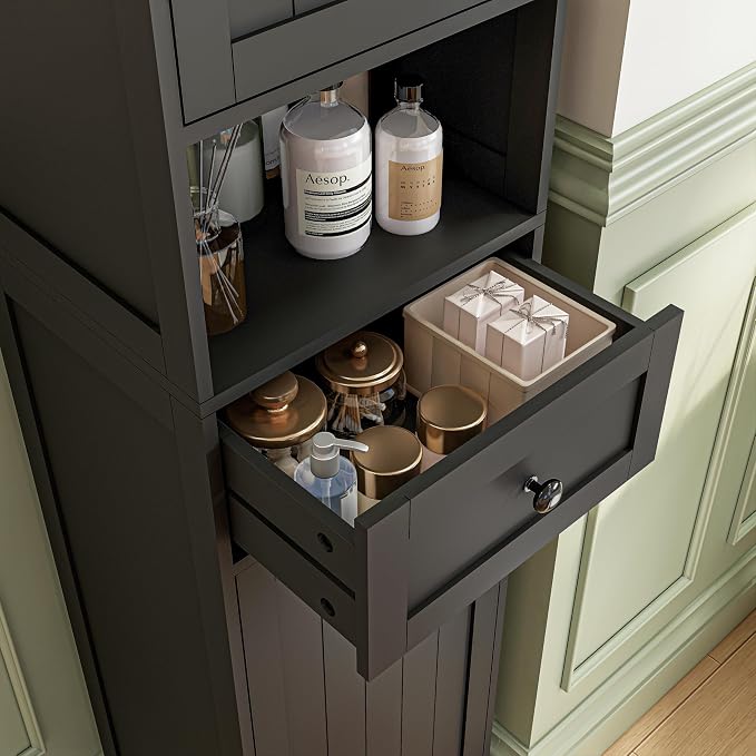 Tall Bathroom Cabinet,Storage Cabinet with 5 Shelves & 1 Drawer, with Adjustable Shelve, for Bathroom, Kitchen, Entryway, Living Room (Black)