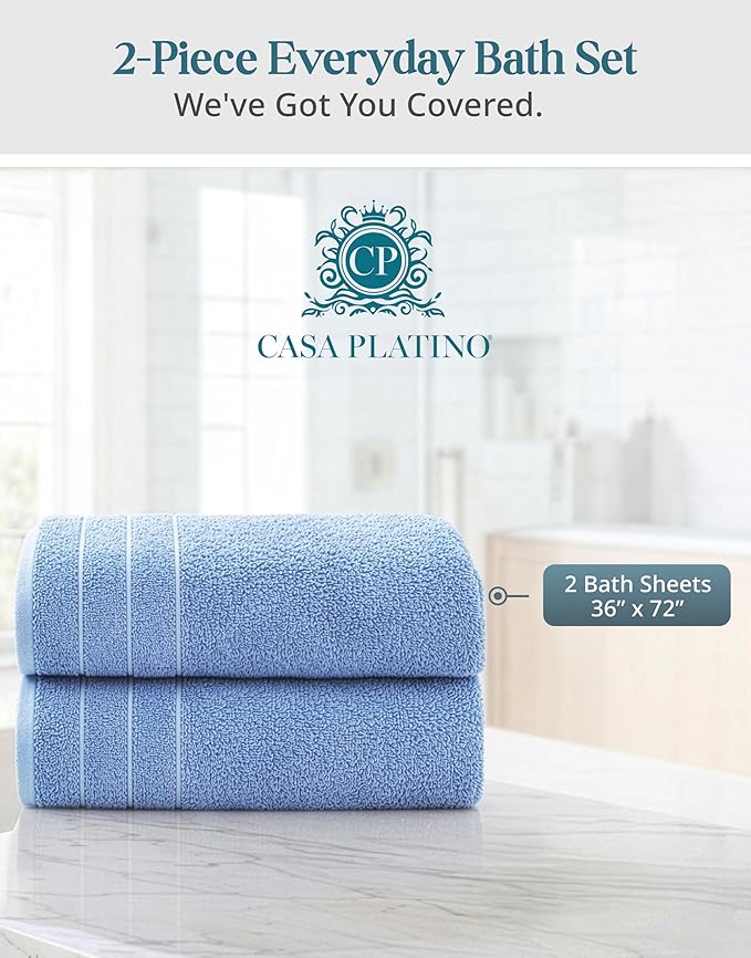 Casa Platino 100% Cotton 2 Pack Bath Sheets (36"x72") - RingSpun Cotton Extra Large Bathroom Towel Sets - Quick Dry, Soft & Absorbent Oversized Bath Towels - Machine Wash in Cold Water - Cerulean Blue