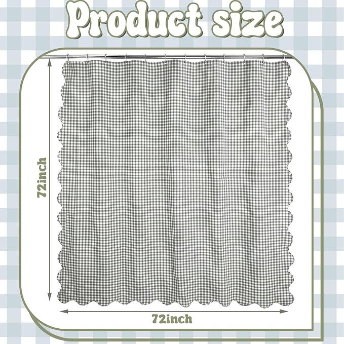 HunnmingRe Scalloped Gingham Shower Curtain Sage Green | 72'' x 72'' Vintage Farmhouse Curtain, Cotton Cottage Core Rural Checkered Plaid Decor, Fall Shower Curtain for Bathroom