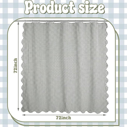 HunnmingRe Scalloped Gingham Shower Curtain Sage Green | 72'' x 72'' Vintage Farmhouse Curtain, Cotton Cottage Core Rural Checkered Plaid Decor, Fall Shower Curtain for Bathroom