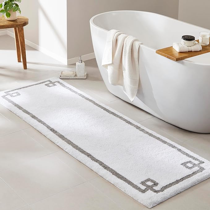 Madison Park Evan 100% Cotton Bath Runner Plush Absorbent, 24" x 72", White | Non-slip Backing, OEKO TEX, Luxurious Tufted Plush Bath Rug for Bathroom, Quick Dry, Spa Design Decorative for Shower Room