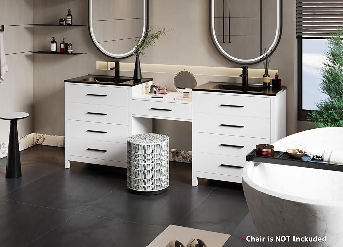 eclife 84" Bathroom Vanity Sink Combo, Modern Painted Vanities Storage Cabinet with 24" Mid Makeup Vanity Desk, 30" Dual Black Basins, Faucets & Drains, White
