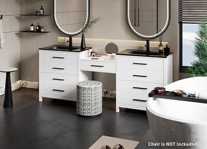 eclife 84" Bathroom Vanity Sink Combo, Modern Painted Vanities Storage Cabinet with 24" Mid Makeup Vanity Desk, 30" Dual Black Basins, Faucets & Drains, White