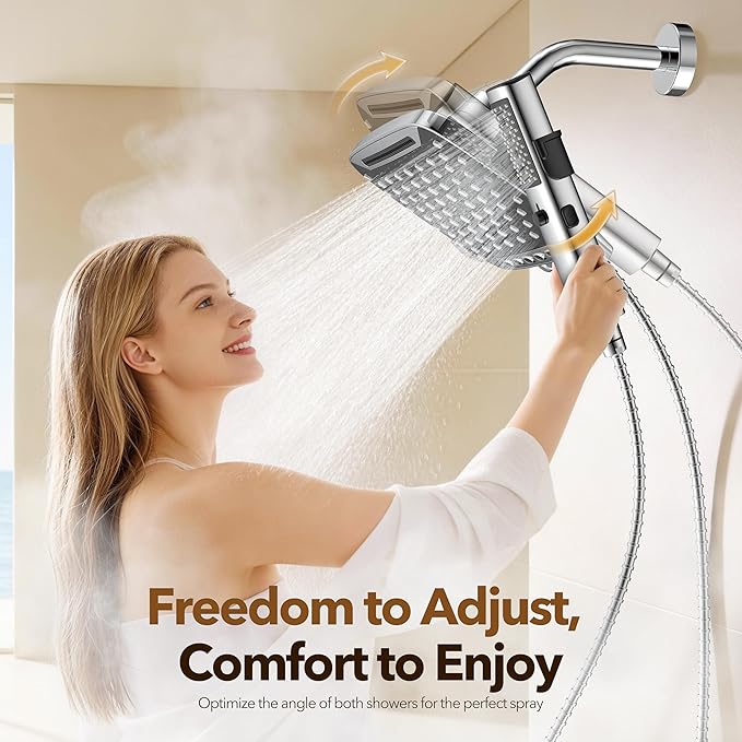 JDO High Pressure Rain Shower Head with Handheld Spray Silver | 7 Modes Dual Shower Head, 10-inch Rainfall Showerheads Combo, Detachable Hand Held Shower Wand, Power Jets, 71" Hose