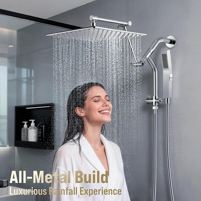 All Metal 12 Inch Rain Shower Head with Handheld Built-in Power Wash Mode, High Pressure Waterfall Rainfall Square Shower Heads with 16" Adjustable Extension Arm, Dual Showerhead(Chrome)