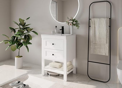eclife 24" Bathroom Vanity with Sink Combo, Modern Painted Vanities Cabinet with Big Drawers, Opening Bottom Shelf, Raised Foot Pads, Include Undermount White Sink, Faucet & Drain, White
