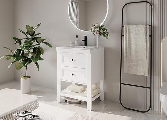 eclife 24" Bathroom Vanity with Sink Combo, Modern Painted Vanities Cabinet with Big Drawers, Opening Bottom Shelf, Raised Foot Pads, Include Undermount White Sink, Faucet & Drain, White