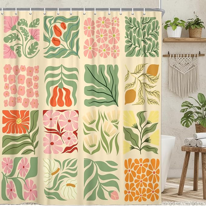 JAWO Retro Shower Curtain Vintage Abstract Boho Floral Shower Curtains for Bathroom Decor Pink Yellow Botanical Geometric Groovy Aesthetic Pattern Shower Curtain Sets with Hooks,70X70IN