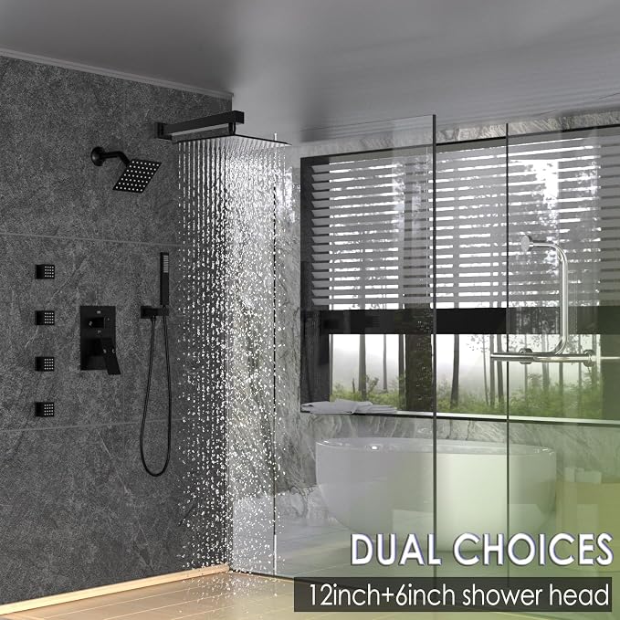 Enga Dual Shower Head System with Body Jets, 12"+ 6" Wall Mounted Dual Rain Shower Faucet with Valve Kit, Matte Black