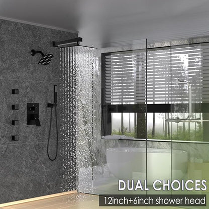 Enga Dual Shower Head System with Body Jets, 12"+ 6" Wall Mounted Dual Rain Shower Faucet with Valve Kit, Matte Black