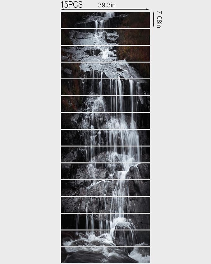FLFK Rock Waterfall Stair Stickers - Set of 15, Peel and Stick Stair Riser Decals, 39.3"x7.08"
