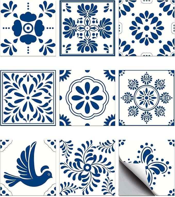 CHGCRAFT 36pcs 9 Styles Mexican Ceramics Blue Tile Stickers Waterproof Tile Stickers Square with Flower Pattern for Kitchen Bathroom Bedroom Wall Floor Decoration, Dodger Blue, 4×4inch