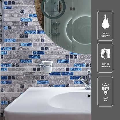 Art3d Grout Decorative Tile, Blue/Gray, Glass, for Kitchen Backsplash or Bathroom Backsplash (5 Pack)