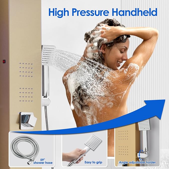 ROVOGO Gold Shower Panel Tower System with Led Lights, Rainfall Waterfall Shower Head, Body Massage Jets, Handheld and Tub Spout, Stainless Steel Shower Column with Mixer Valve, 46.5"