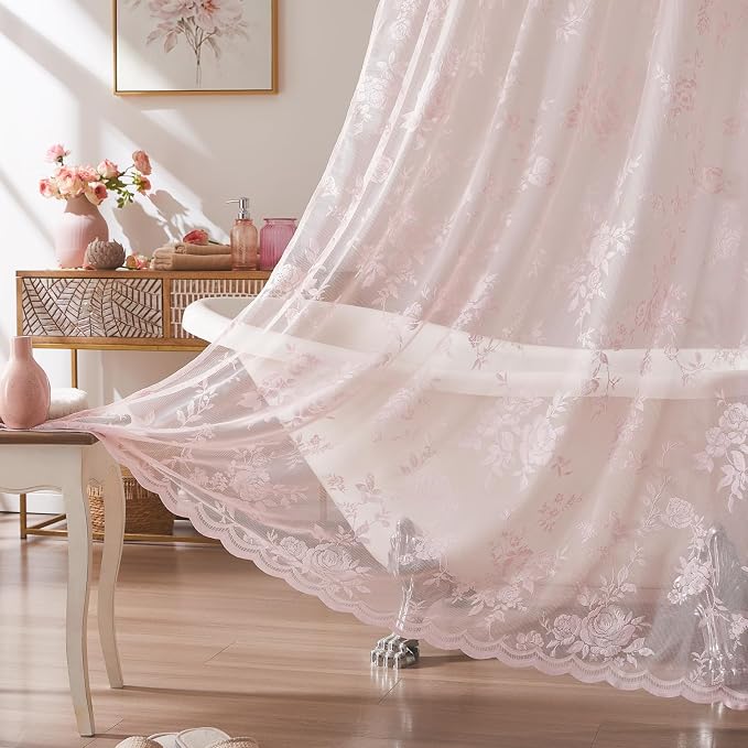 SEEKRIGHT Pink Lace Shower Curtain with Attached Valance Romantic Floral Shower Curtain Cute Scalloped Edge Lace Shabby Chic Bath Curtains for Spa Hotel Bathroom Farmhouse Decor, 1 Panel, 36x72