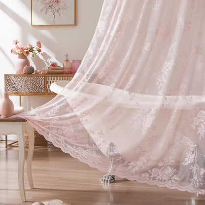 SEEKRIGHT Pink Lace Shower Curtain with Attached Valance Romantic Floral Shower Curtain Cute Scalloped Edge Lace Shabby Chic Bath Curtains for Spa Hotel Bathroom Farmhouse Decor, 1 Panel, 72x72