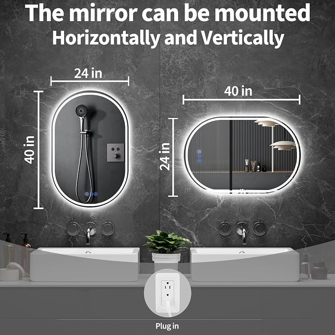 Oval LED Bathroom Mirror, 24"x 40" Frameless Lighted Mirror | LED Mirror with Front Light & Backlit, Anti-Fog, Dimmable Wall Mounted Lighted Mirror, Pill-Shaped Smart Bathroom Mirror