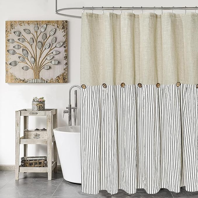 DOSLY IDÉES Farmhouse Shower Curtain, Beige and Black Stripe, Button Curtain, Linen and Cotton Woven Fabric, Rustic Charm Country Chic Style, 72x72 in