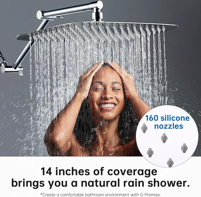 G-Promise 14 Inch All Metal Rain Shower Head with Extension Arm | Built to Last, Rust Resistant, Easy to Install, Adjustable, Full Body Coverage Large Rainfall Shower Head, Daily SPA