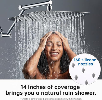 G-Promise 14 Inch All Metal Rain Shower Head with Extension Arm | Built to Last, Rust Resistant, Easy to Install, Adjustable, Full Body Coverage Large Rainfall Shower Head, Daily SPA
