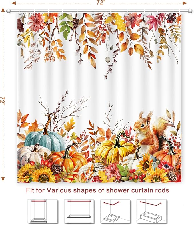 Fall Shower Curtain Harvest Pumpkin Squirrel Thanksgiving Shower Curtain Autumn Maple Leaves Sunflowers shower curtains for Bathroom Waterproof Machine Washable Home Farmhouse Decor Bath Curtains